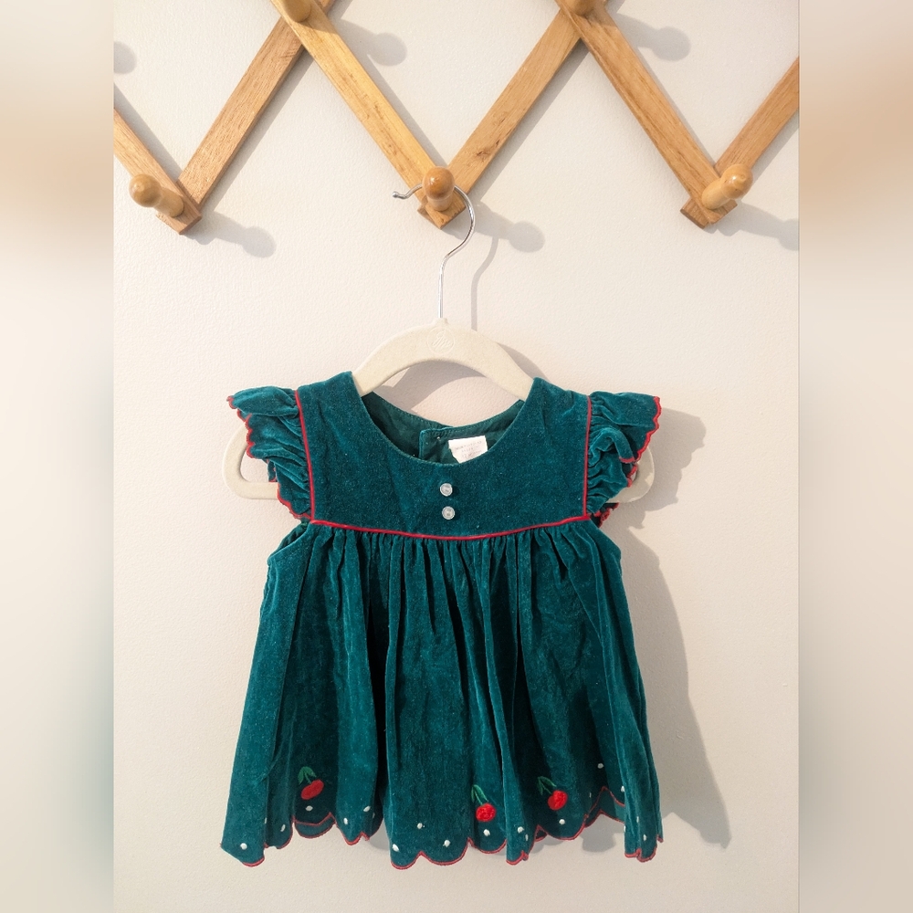 Rare Vintage Velvet Baby Dress with Cherry Embroidery